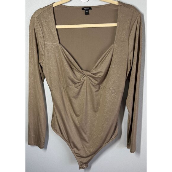 Express Body Contour Body Suit Large Shimmery Taupe Twist Front Detail Thong - Picture 1 of 12